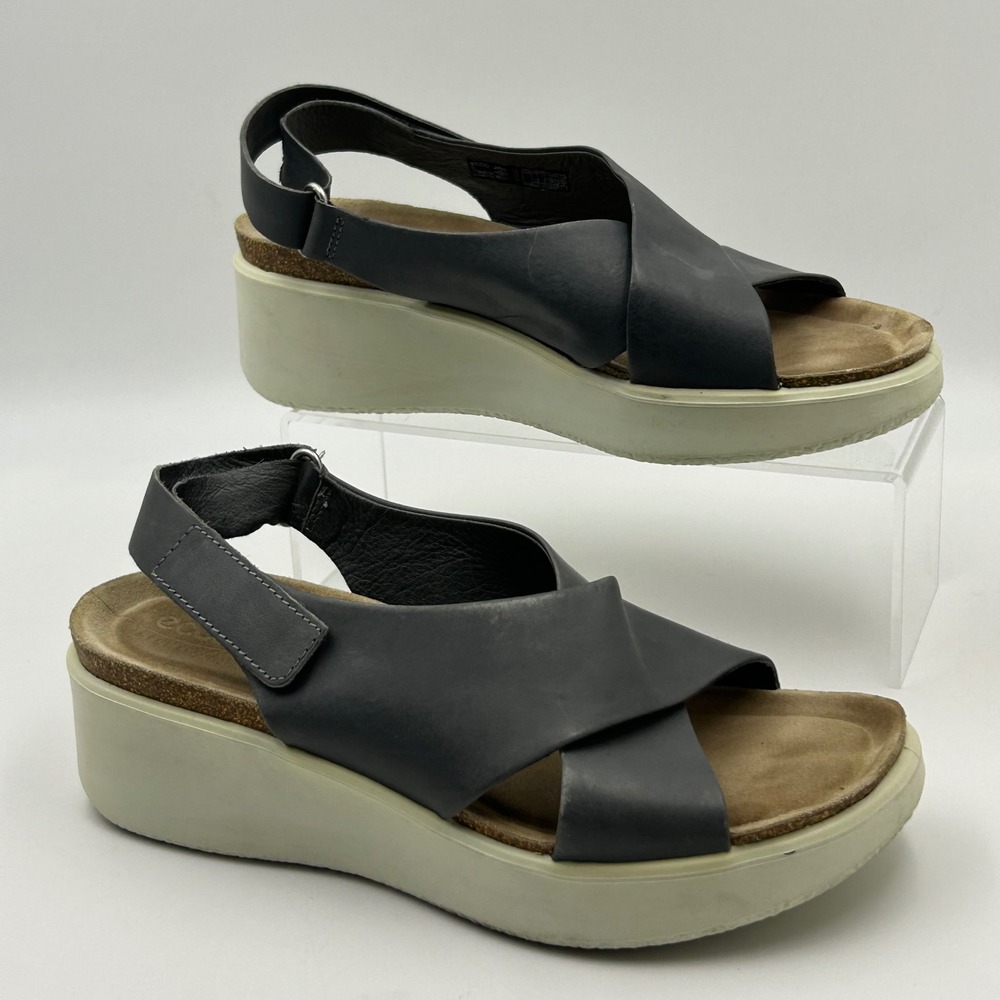 ECCO Corksphere Wedge Sandals Womens 37 6-6.5 Grey Leather Platform Gorpcore